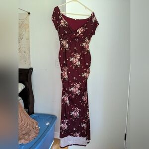 Long Maternity Dress Burgundy Floral